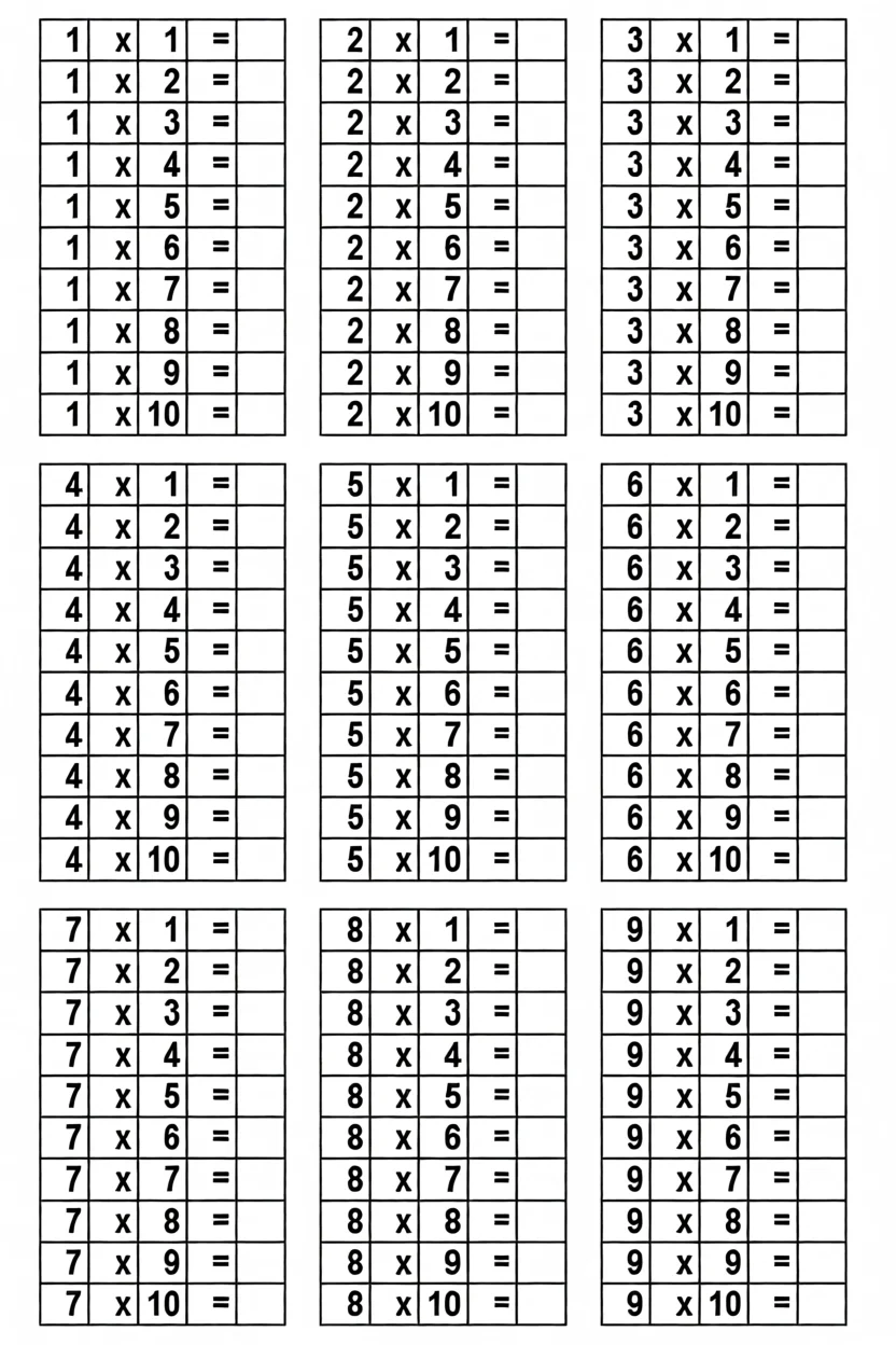 Tabuada Para Imprimir com Multiplicau00e7u00e3o, Adiu00e7u00e3o e Subtrau00e7u00e3o
