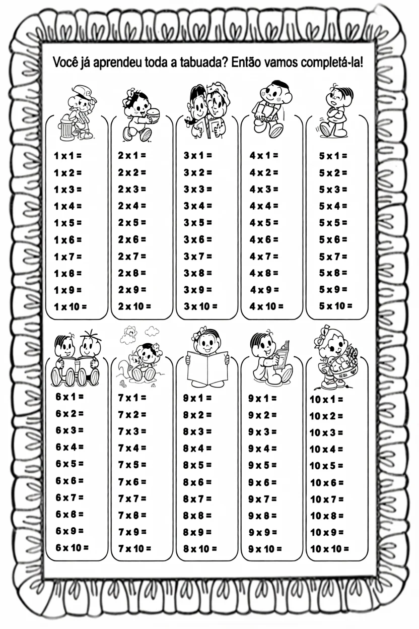 Tabuada Para Imprimir com Exercu00edcios de Multiplicau00e7u00e3o, Adiu00e7u00e3o e Subtrau00e7u00e3o