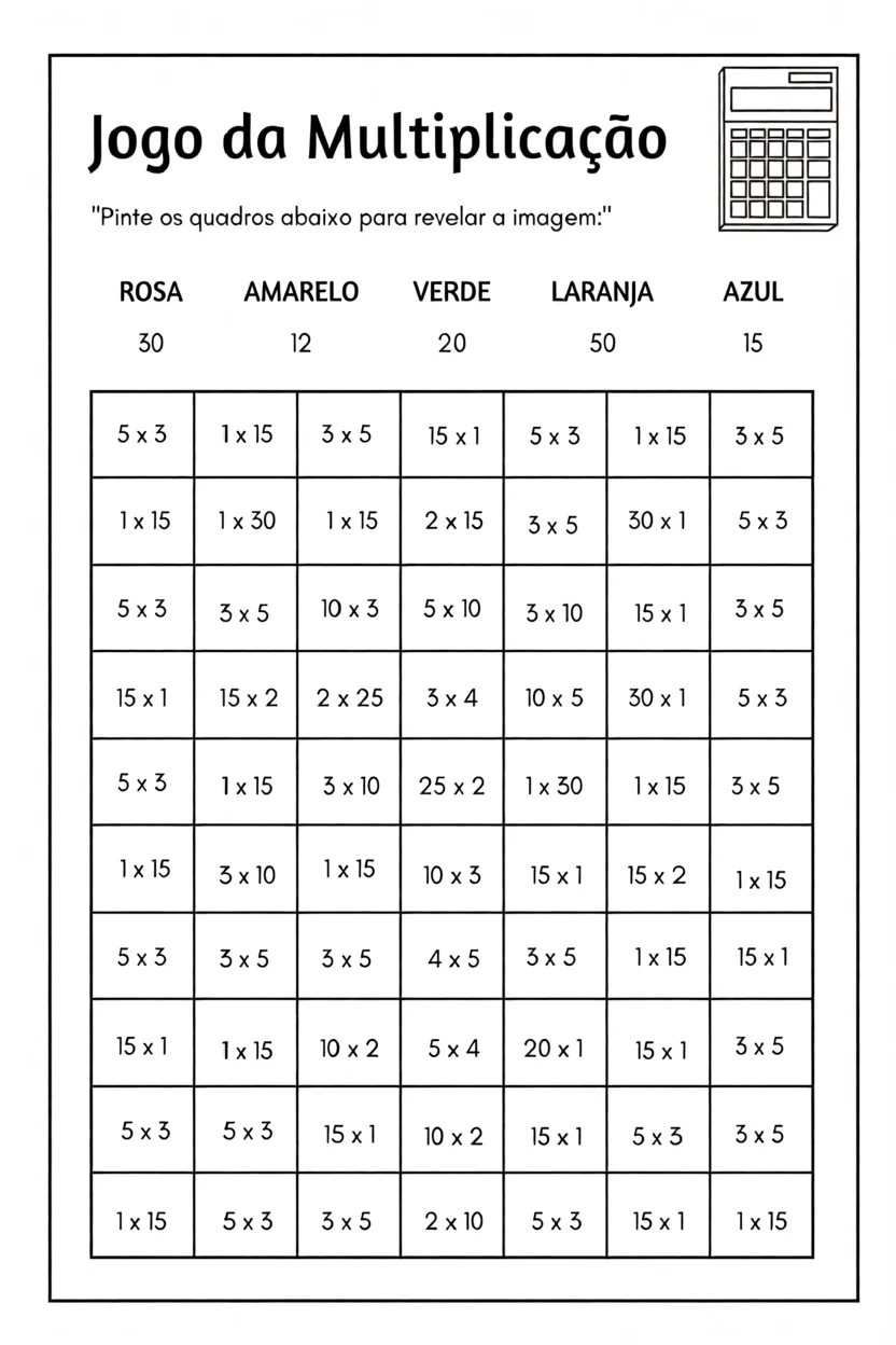Jogo da Multiplicau00e7u00e3o para Imprimir com Cores e Nu00fameros