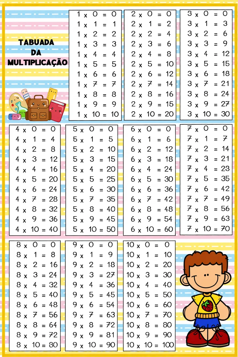 Tabela de Tabuada Para Imprimir com Multiplicau00e7u00e3o e Adiu00e7u00e3o