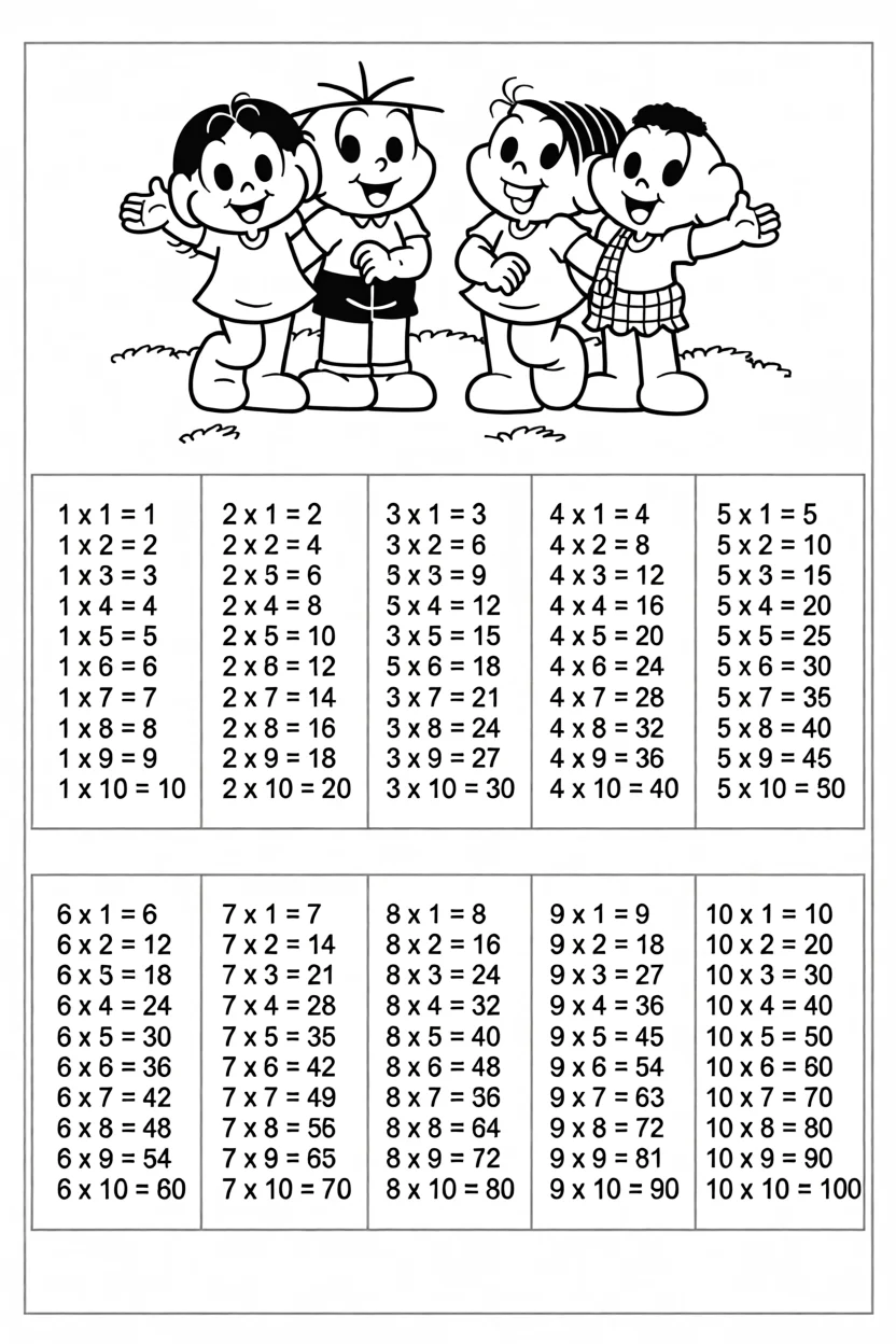 Tabuada Para Imprimir com Personagens Divertidos