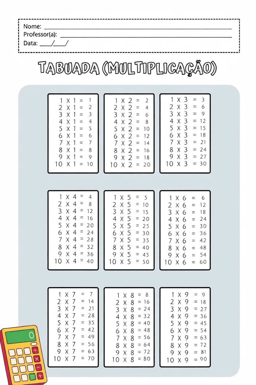 Tabuada para Imprimir com Multiplicau00e7u00e3o, Adiu00e7u00e3o e Subtrau00e7u00e3o