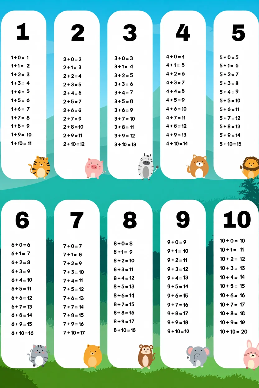 Tabuada Para Imprimir com Animais e Exercu00edcios de Multiplicau00e7u00e3o e Adiu00e7u00e3o