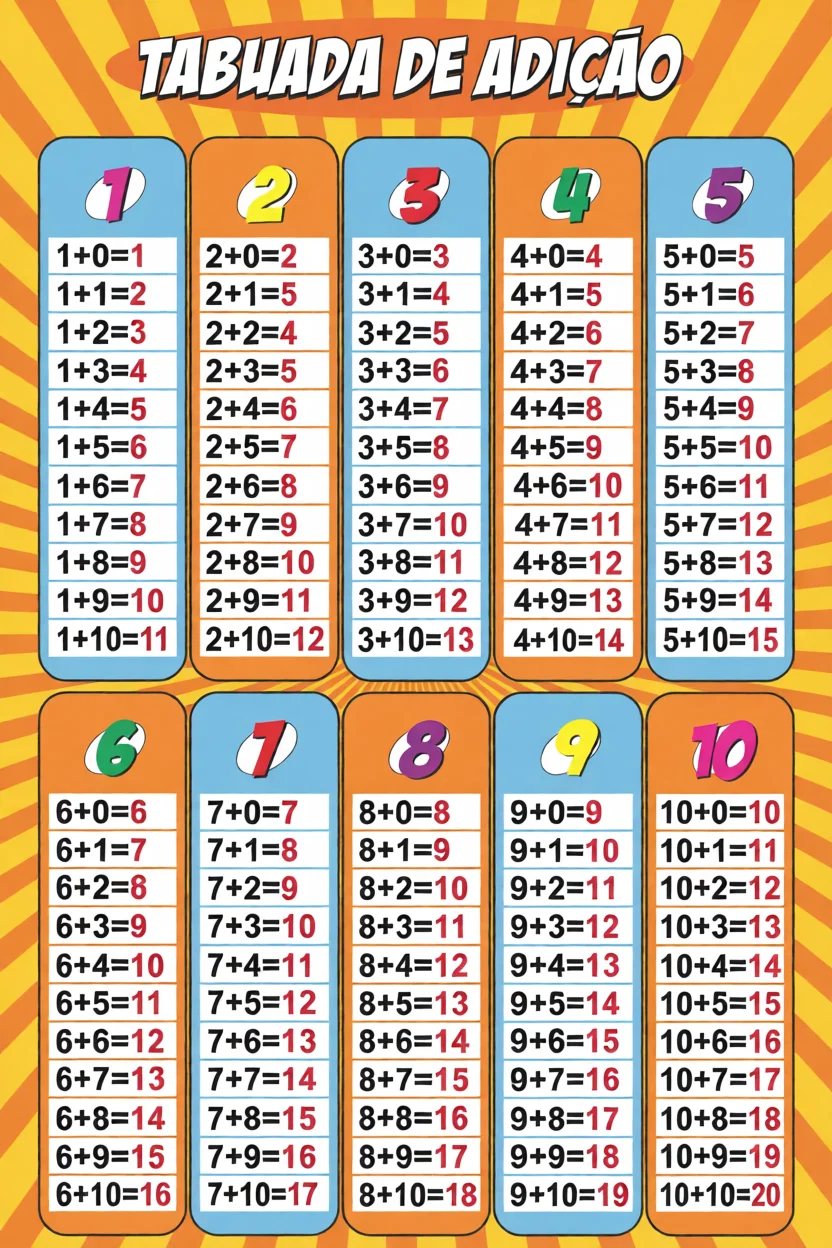 Tabuada de Adiu00e7u00e3o Para Imprimir com Nu00fameros e Resultados