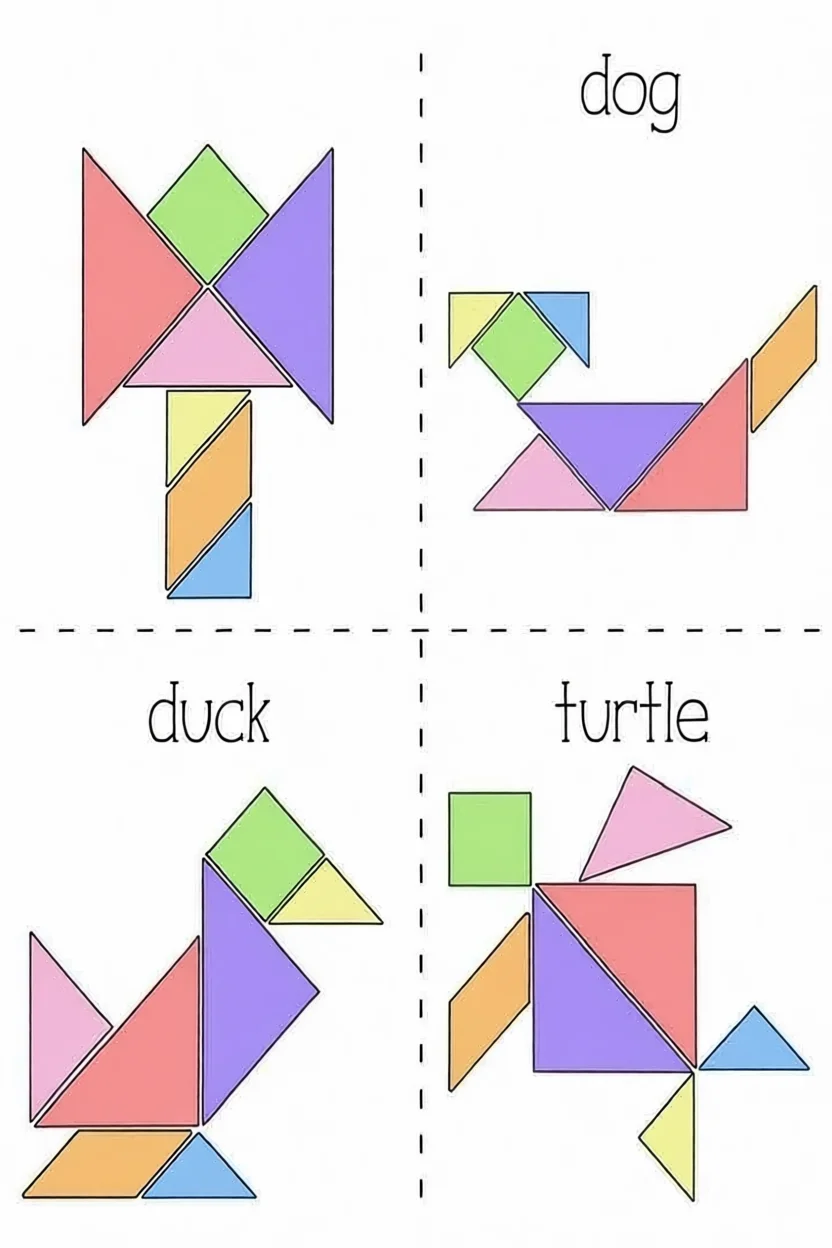 Tangram Para Imprimir com Formas de Flor, Cachorro, Pato e Tartaruga