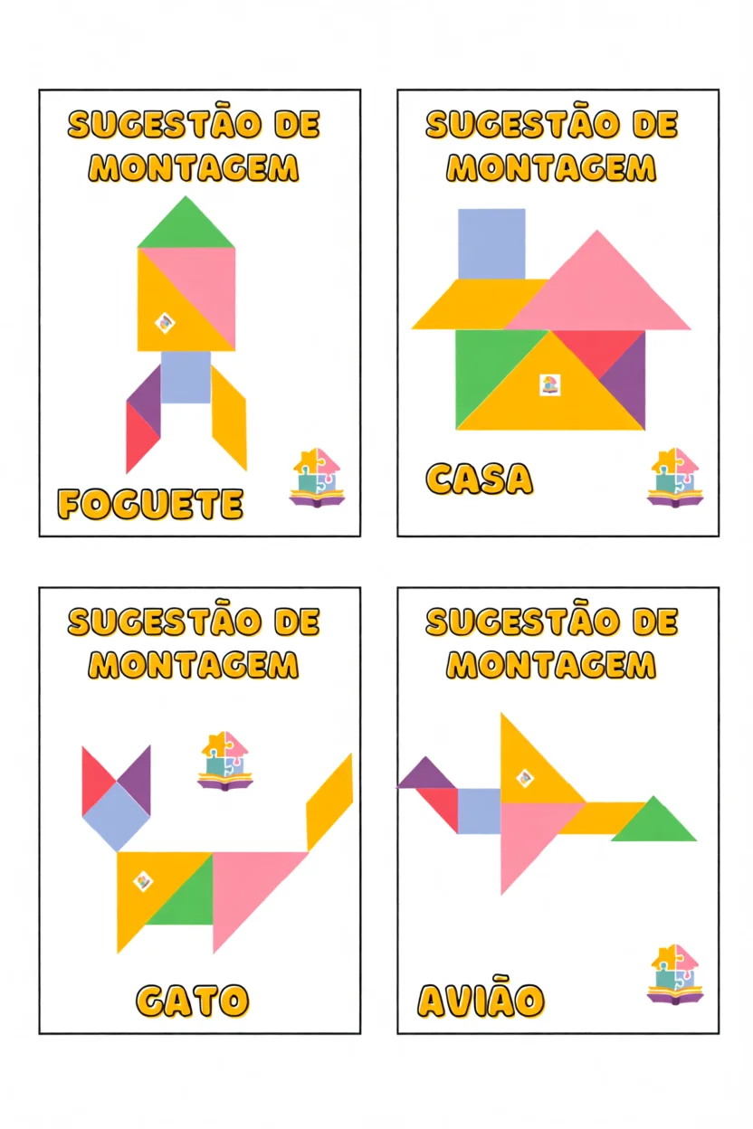 Tangram Para Imprimir com Formas de Fogete, Casa, Gato e Aviu00e3o