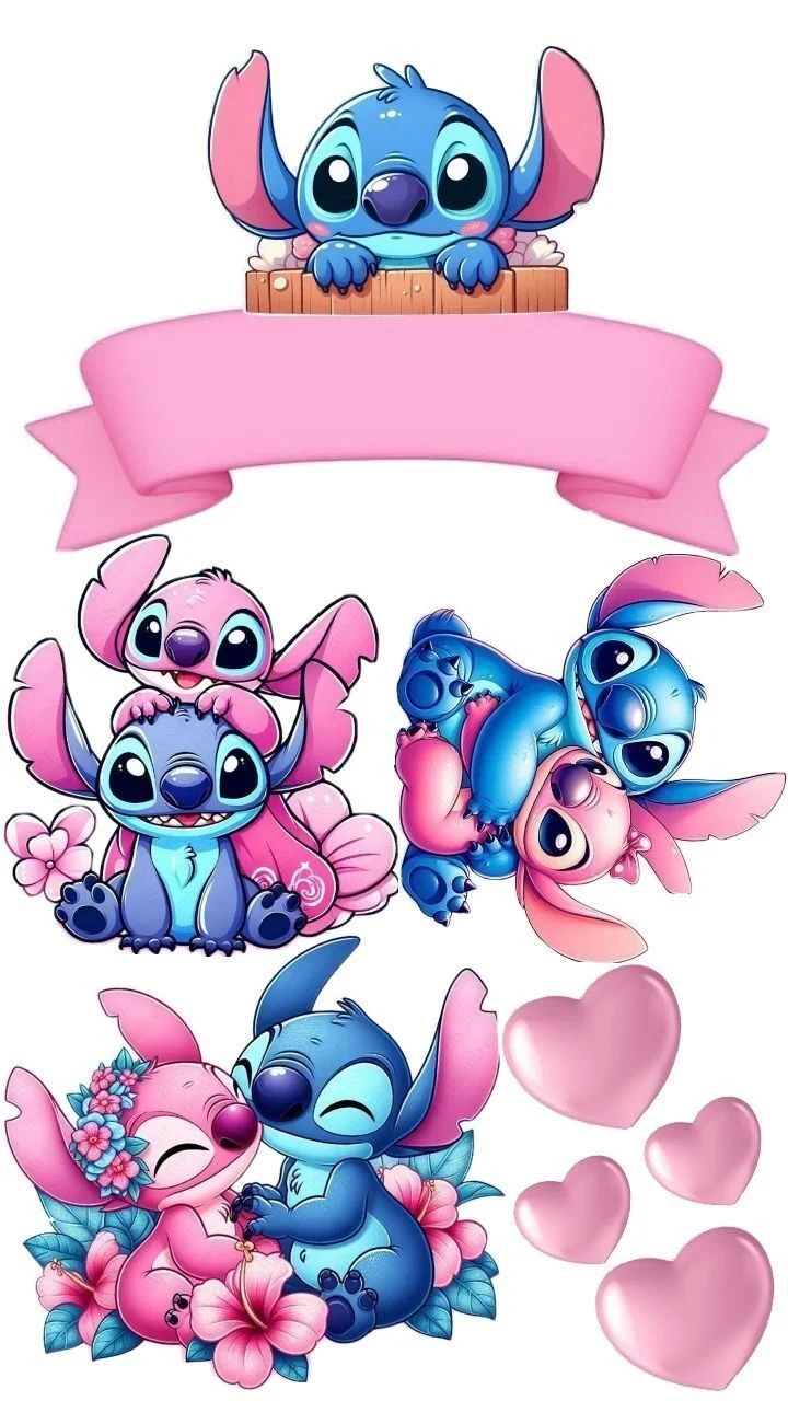 Topo de Bolo do Stitch com Corau00e7u00f5es e Flores