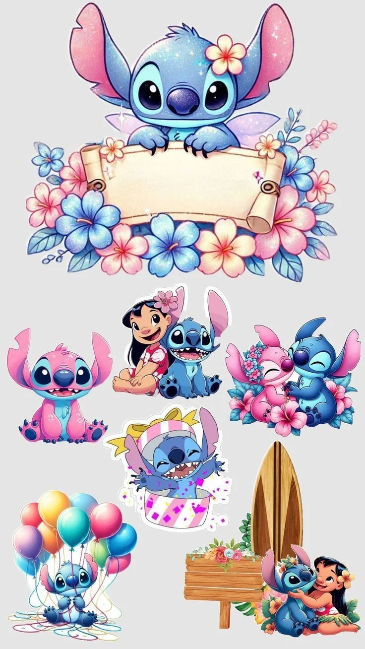 Topo de Bolo do Stitch com Flores para Imprimir