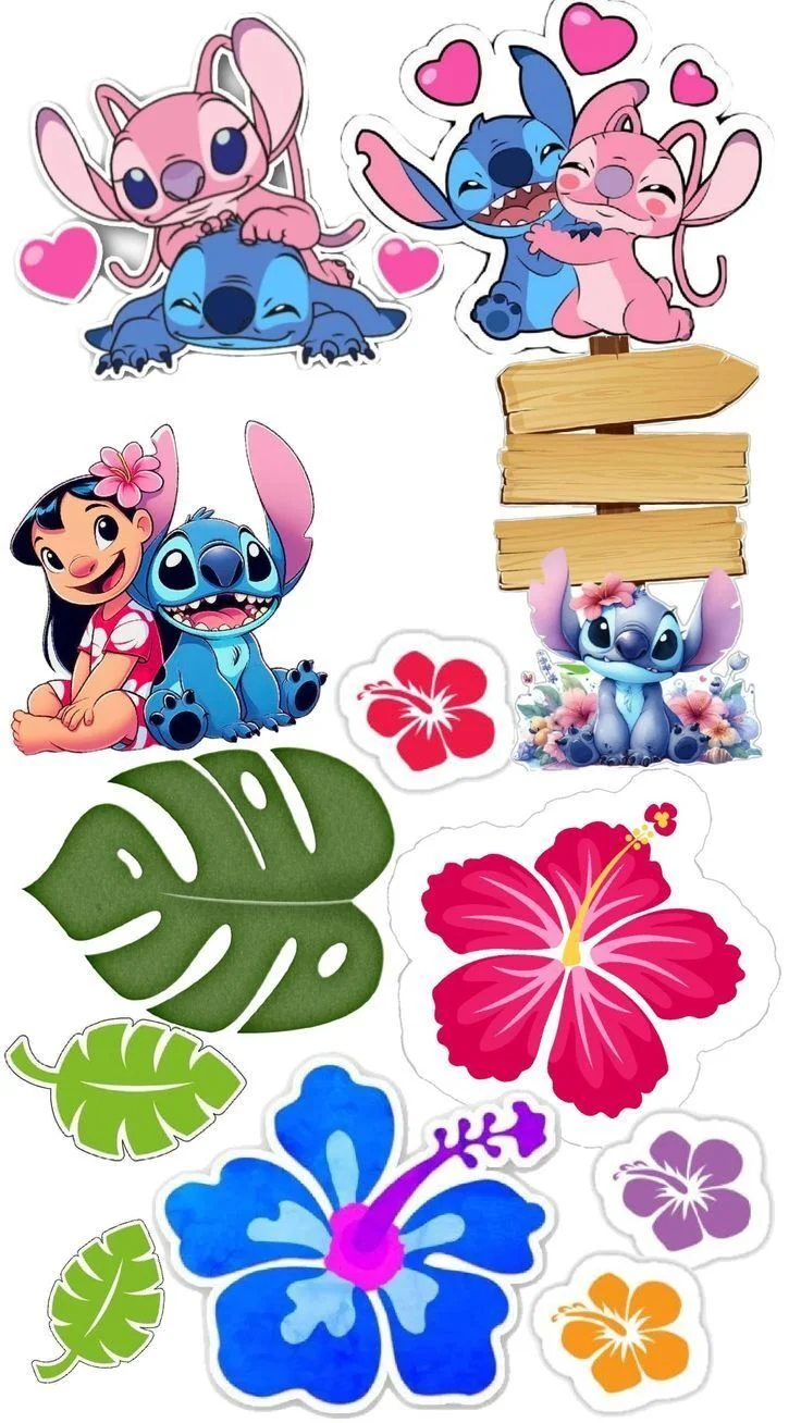 Topo de Bolo do Stitch com Flores e Folhas para Imprimir
