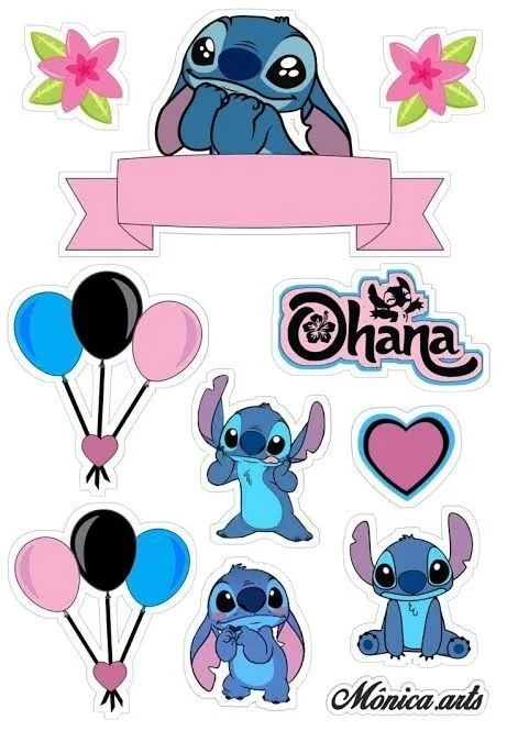 Topo de Bolo do Stitch com Balu00f5es e Flores para Imprimir