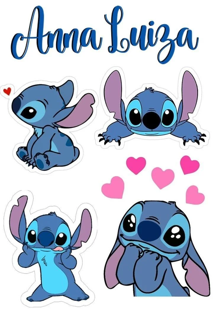 Topo de Bolo do Stitch Azul com Corau00e7u00f5es Para Imprimir