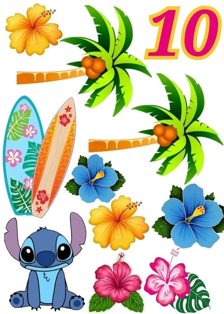 Topo de Bolo do Stitch com Flores e Pranchas Para Imprimir