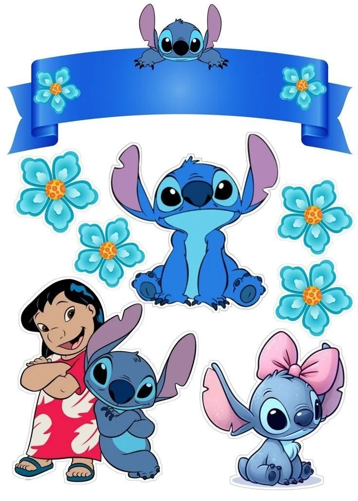 Topo de Bolo do Stitch com Flores Para Imprimir