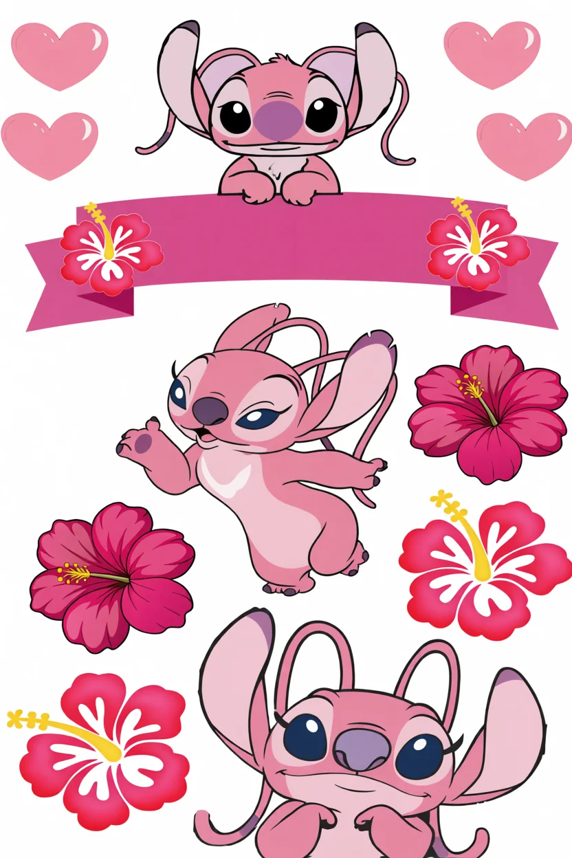 Topo de Bolo do Stitch Rosa com Flores e Corau00e7u00f5es