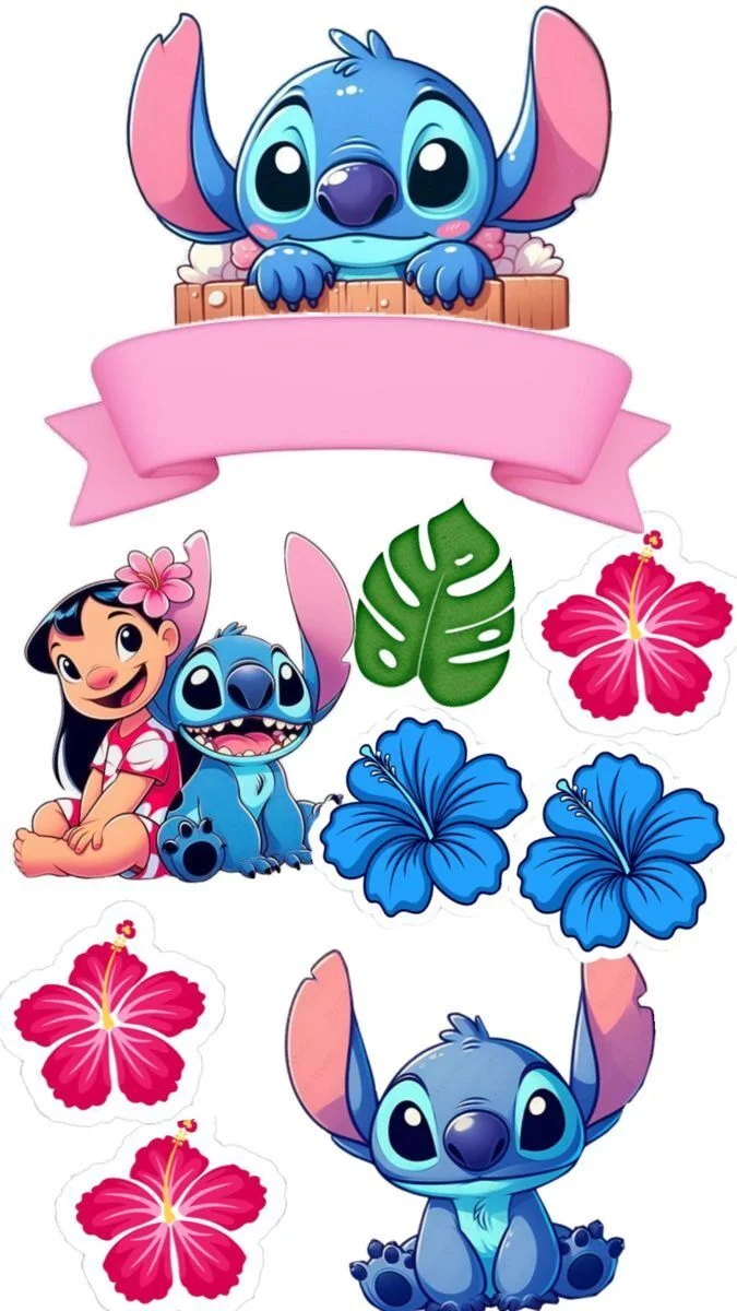 Topo de Bolo do Stitch com Flores Tropicais para Imprimir