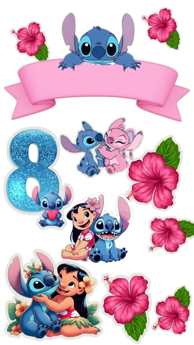 Topo de Bolo do Stitch com Flores para Imprimir
