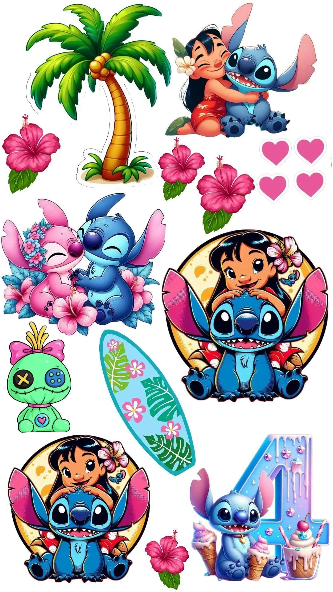 Topo de Bolo do Stitch com Flores e Amigos para Imprimir