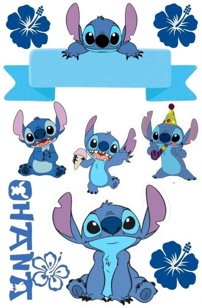 Topo de Bolo Para Imprimir do Stitch Fofo com Flores