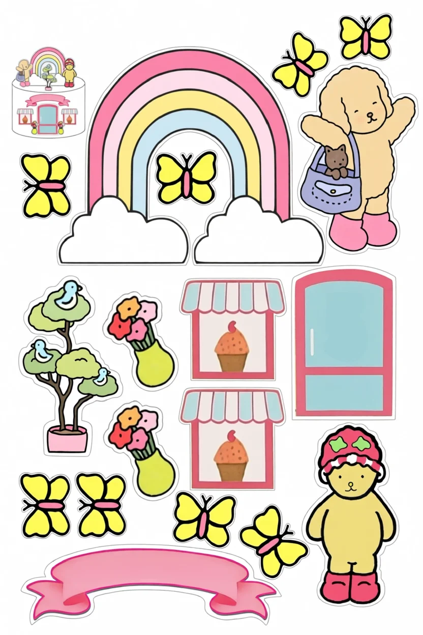 Topo de Bolo Para Imprimir com Ursinho e Elementos Coloridos