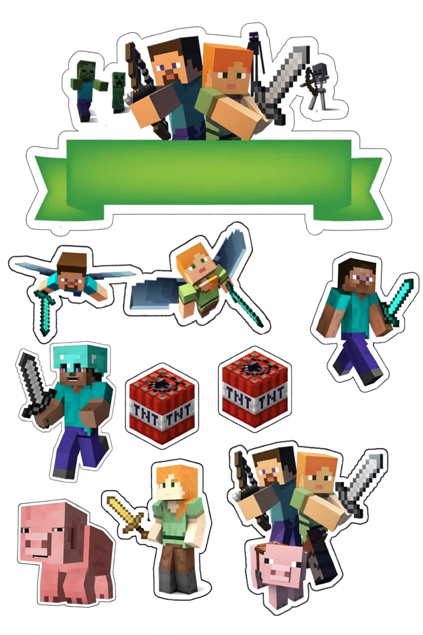 Topo de Bolo Para Imprimir do Minecraft com Personagens e Acessu00f3rios