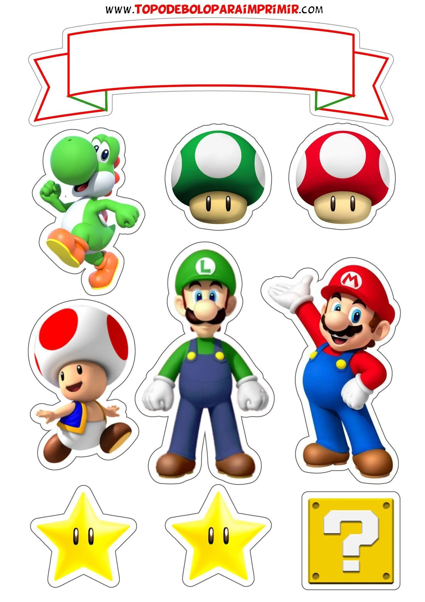 Topo de Bolo Para Imprimir do Mario com Personagens e Itens