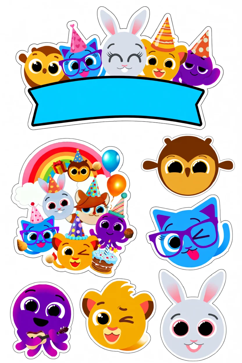Topo de Bolo Para Imprimir com Animais Felizes e Festivos