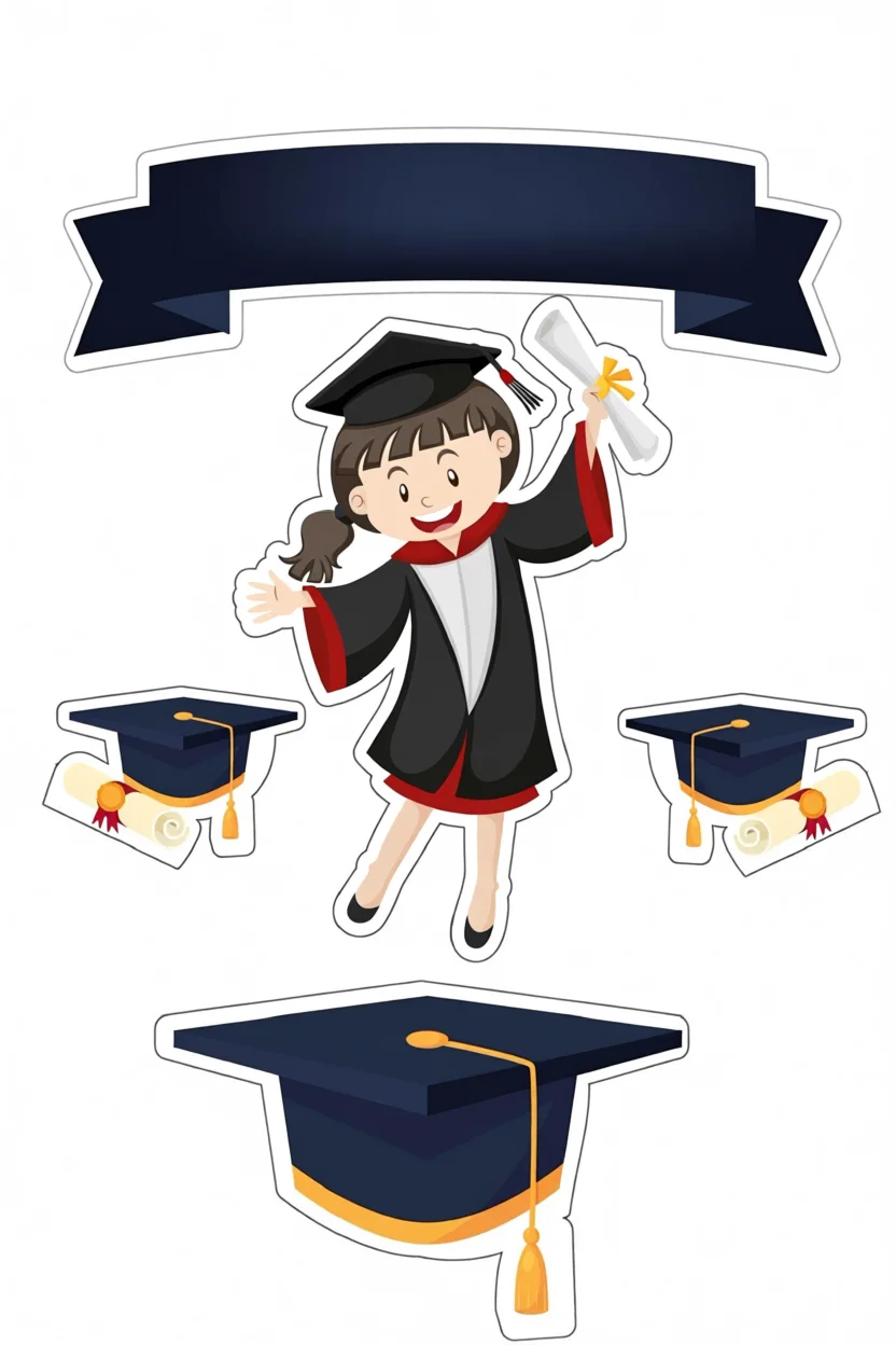 Topo de Bolo Para Imprimir com Menina Formanda e Chapu00e9us de Graduau00e7u00e3o