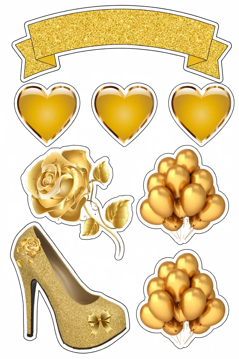 Topo de Bolo Para Imprimir com Corau00e7u00f5es e Sapato Dourado