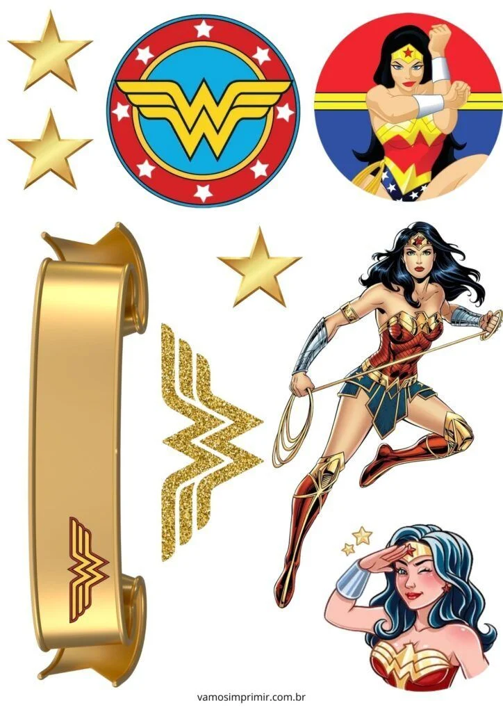 Topo de Bolo Para Imprimir da Mulher Maravilha com Estrelas