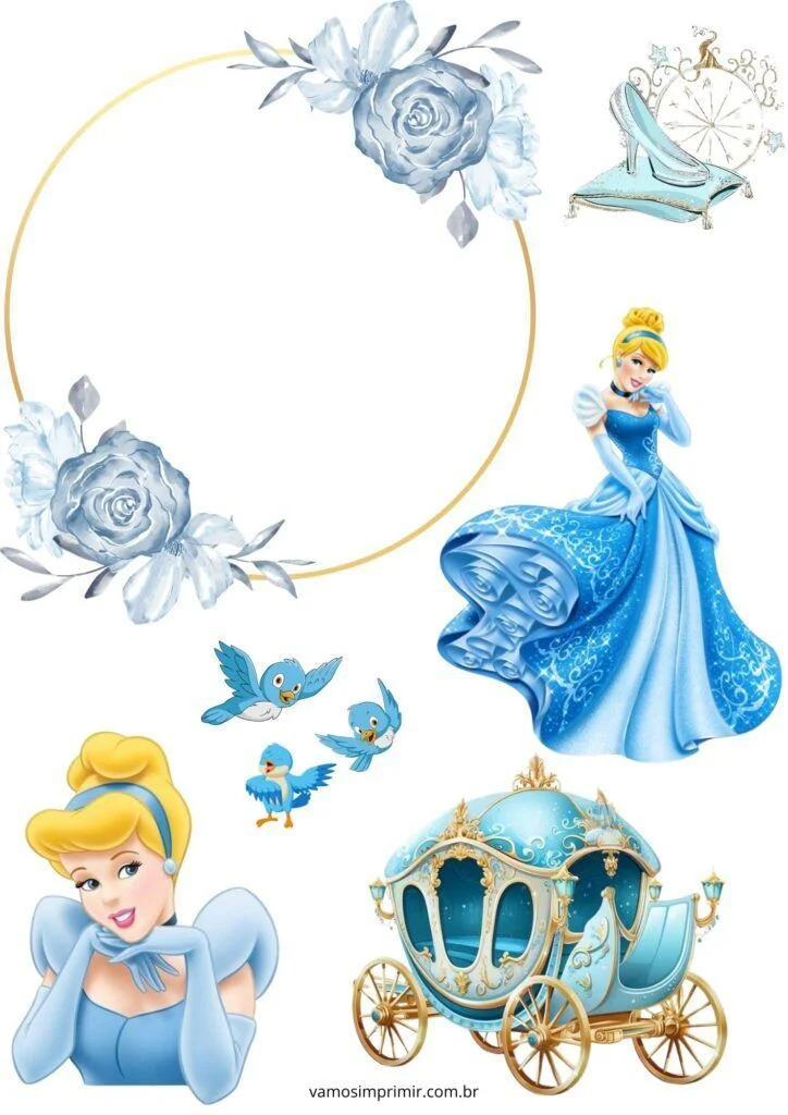 Topo de Bolo Para Imprimir da Cinderella com Flores e Carruagem