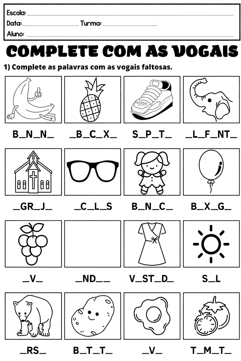 Atividade de Completar com as Vogais Para Imprimir