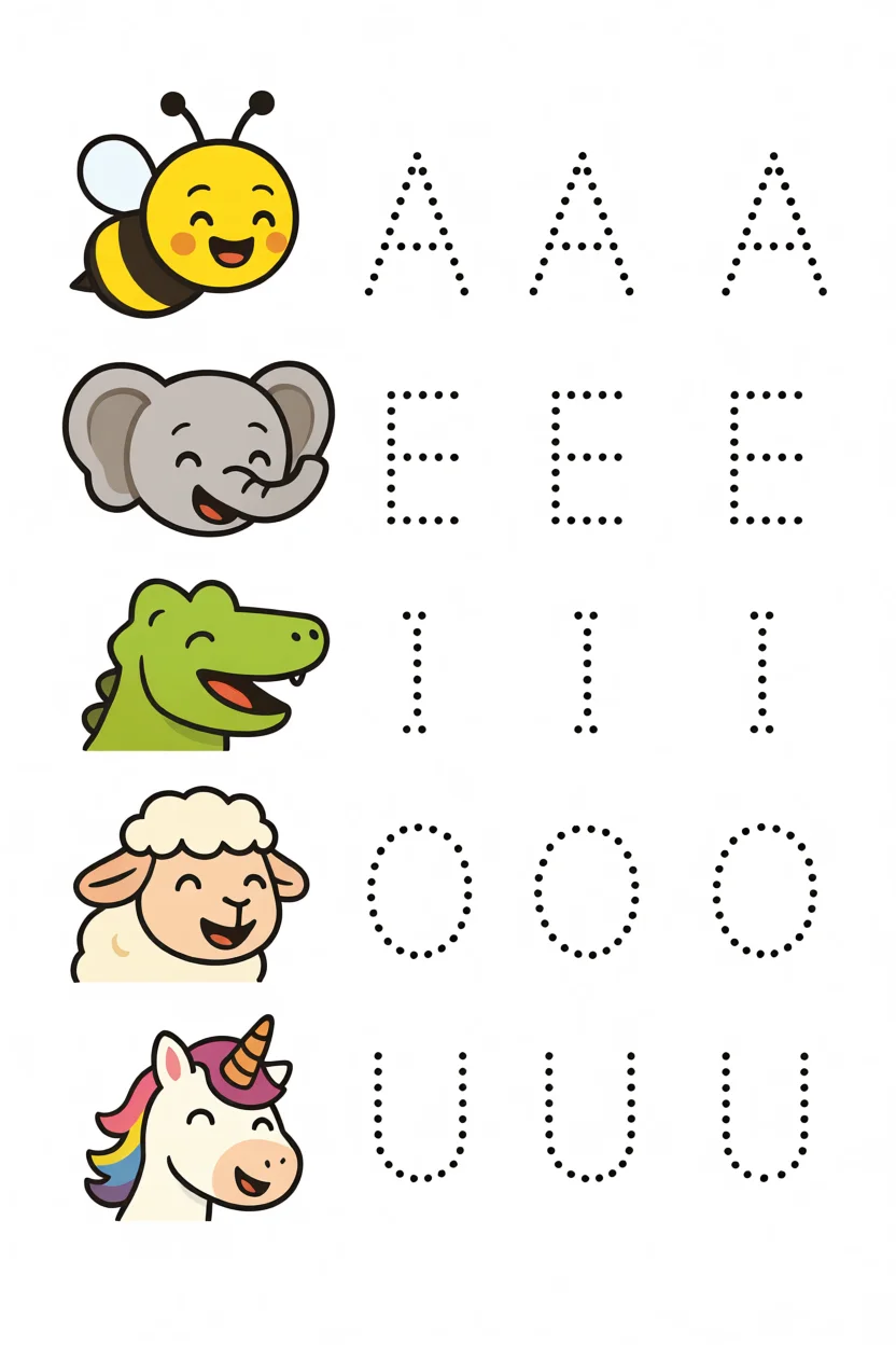 Vogais Para Imprimir com Animais Divertidos e Letras Pontilhadas
