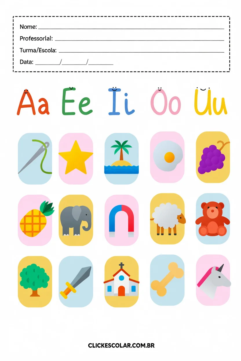 Vogais Para Imprimir com Ilustrau00e7u00f5es Coloridas e Letras