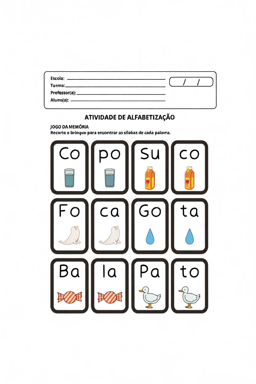 Jogo da Memu00f3ria de Su00edlabas para Alfabetizau00e7u00e3o Infantil