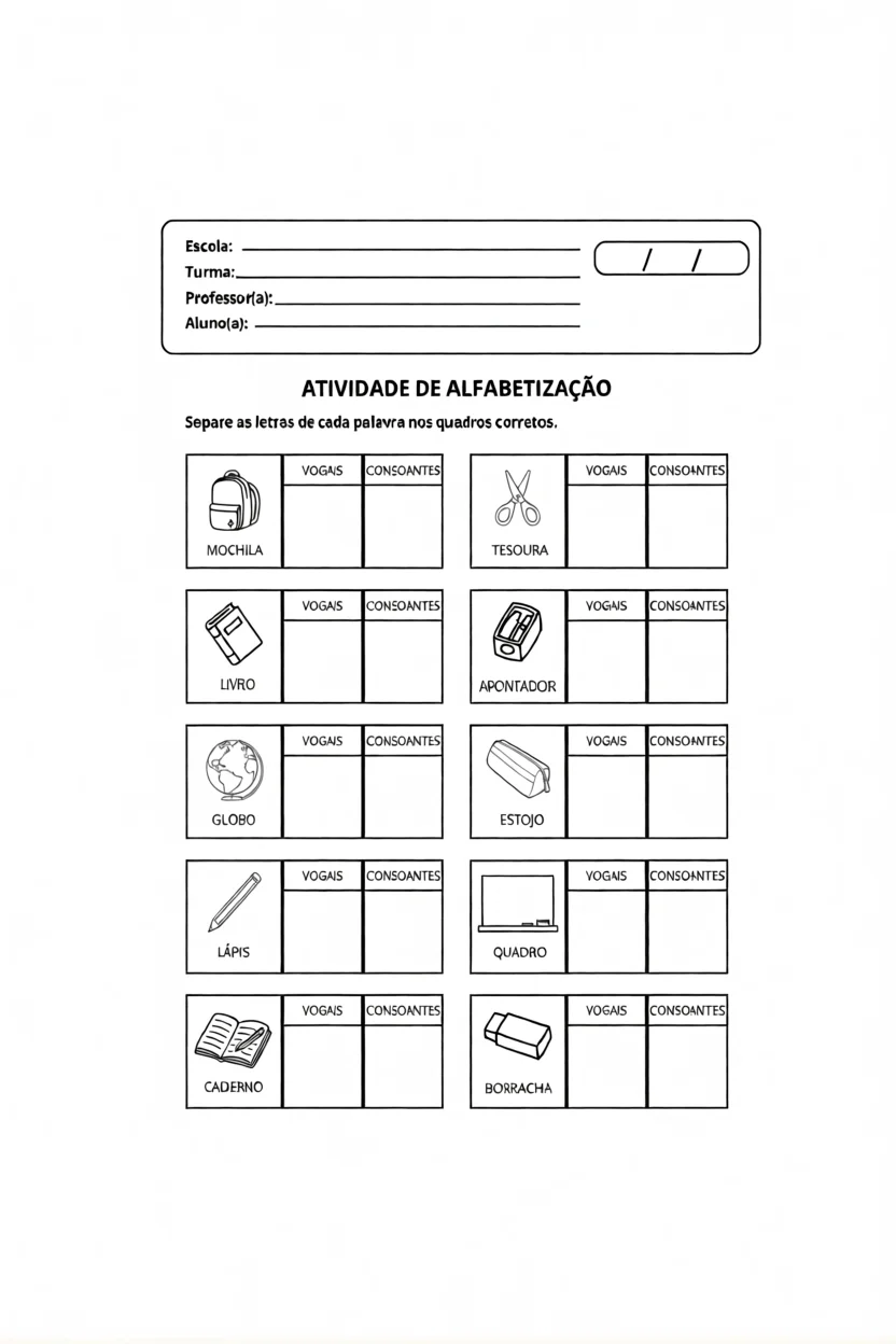 Atividade de Alfabetizau00e7u00e3o com Figuras para Imprimir