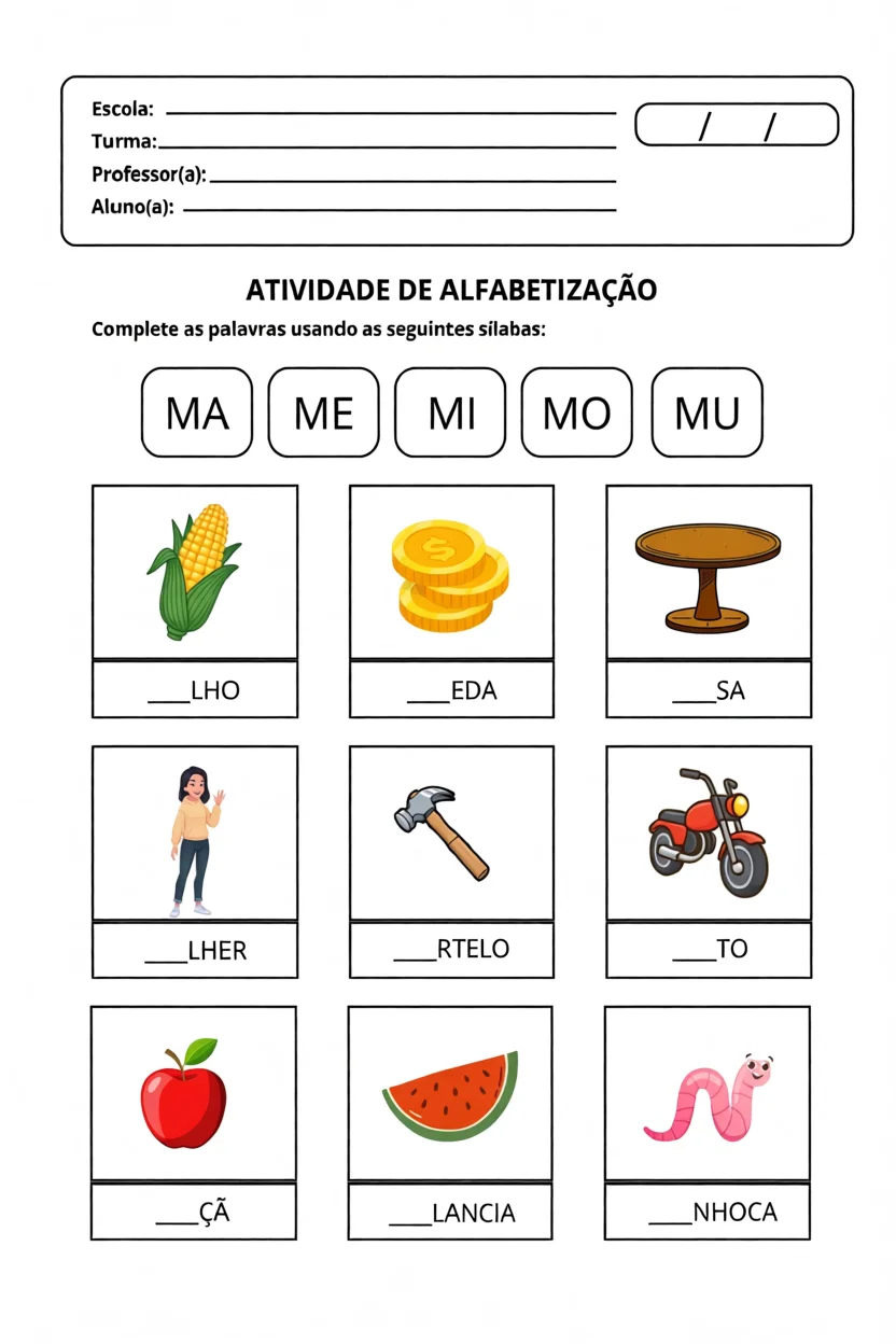 Atividade de Alfabetizau00e7u00e3o com Su00edlabas MA ME MI MO MU