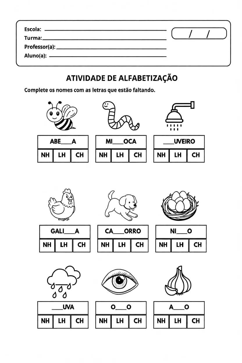 Atividade de Alfabetizau00e7u00e3o com Animais e Objetos