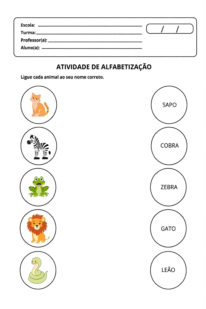 Atividade de Alfabetizau00e7u00e3o com Animais para Imprimir
