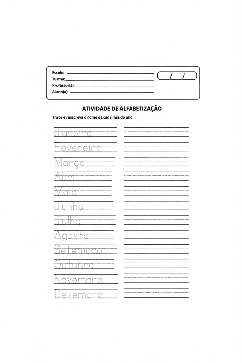 Atividade de Alfabetizau00e7u00e3o: Meses do Ano Para Imprimir