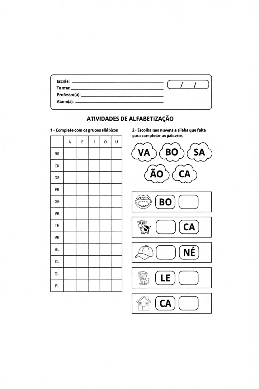 Atividades de Alfabetizau00e7u00e3o Infantil com Su00edlabas
