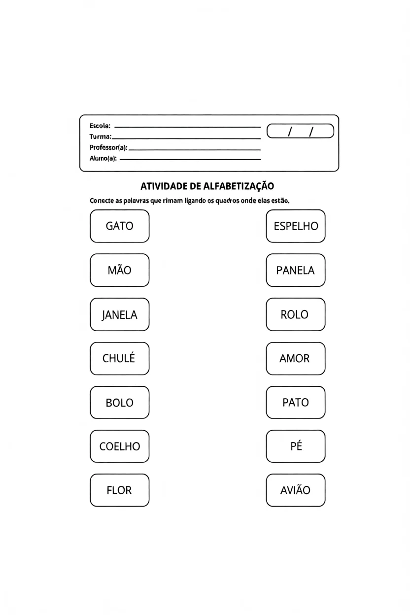 Atividade de Alfabetizau00e7u00e3o: Conecte Palavras que Rimam