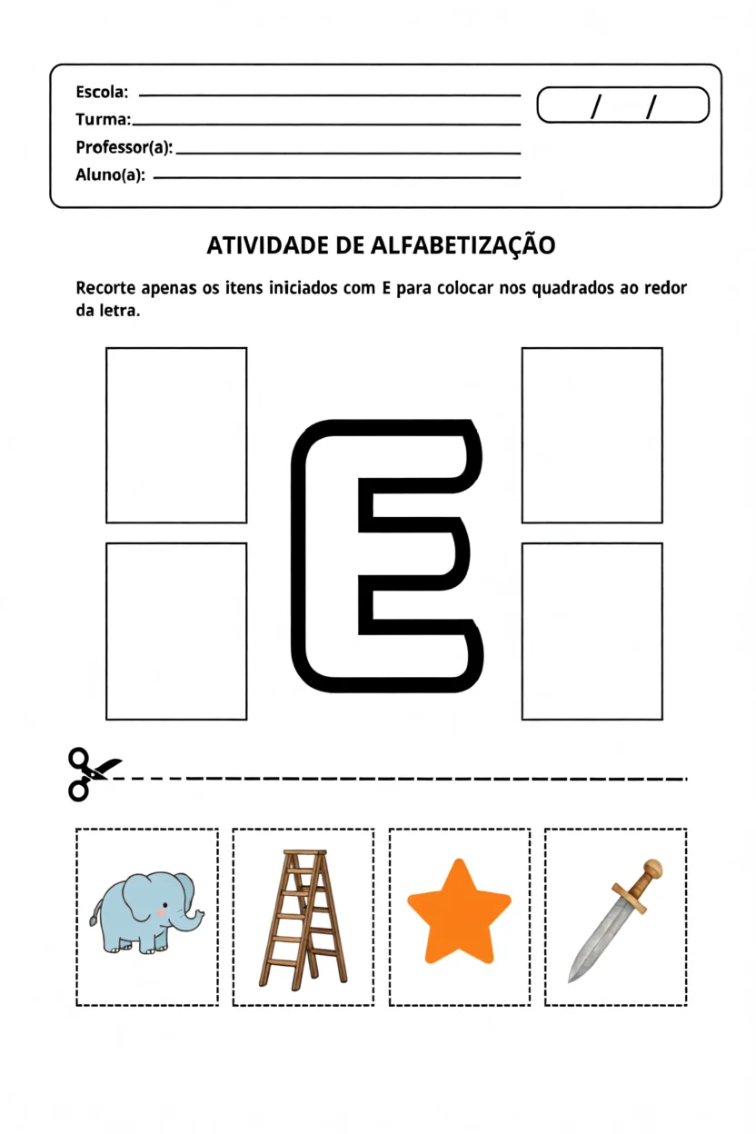 Atividade de Alfabetizau00e7u00e3o com Letra E para Imprimir
