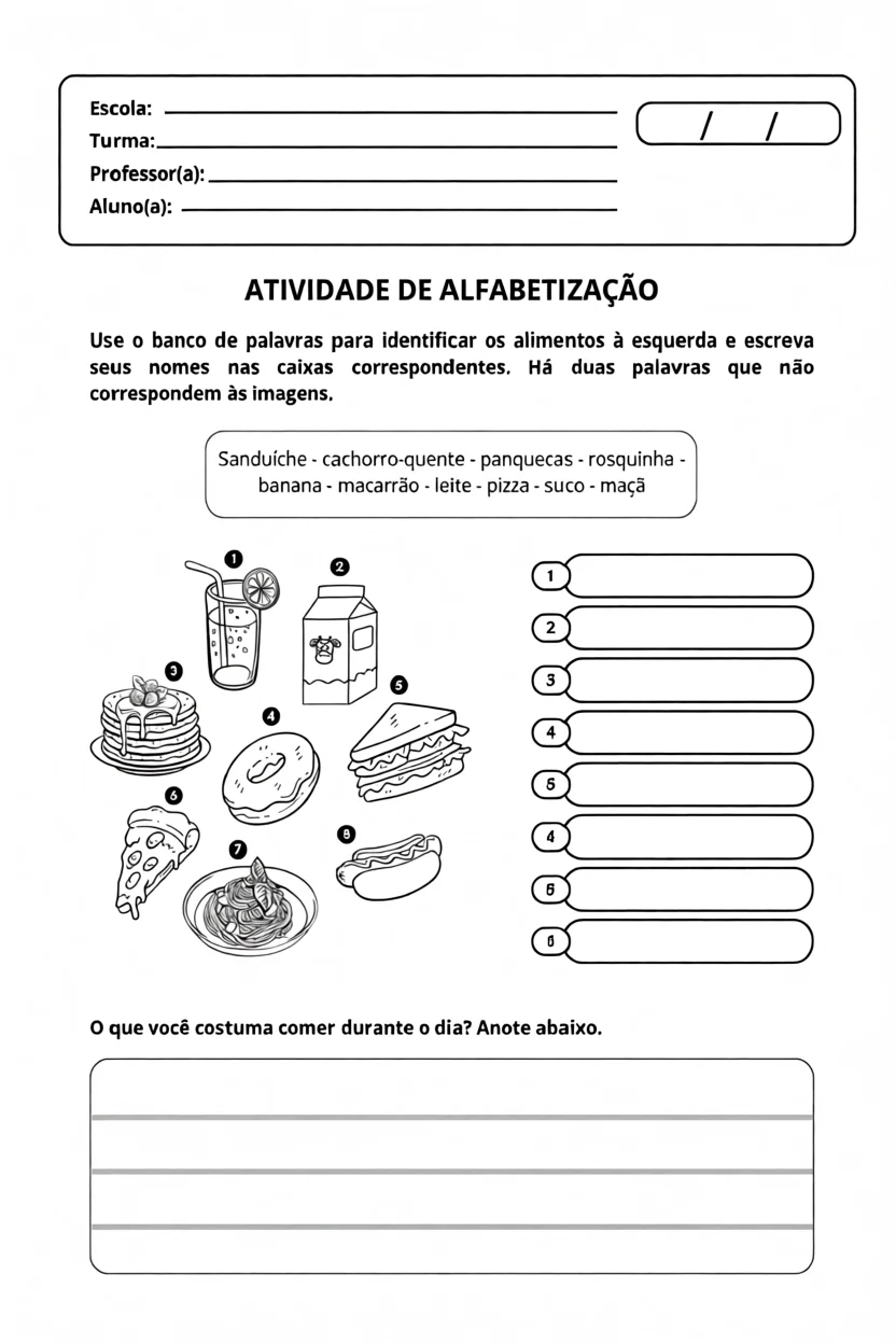 Atividade de Alfabetizau00e7u00e3o com Alimentos Para Imprimir