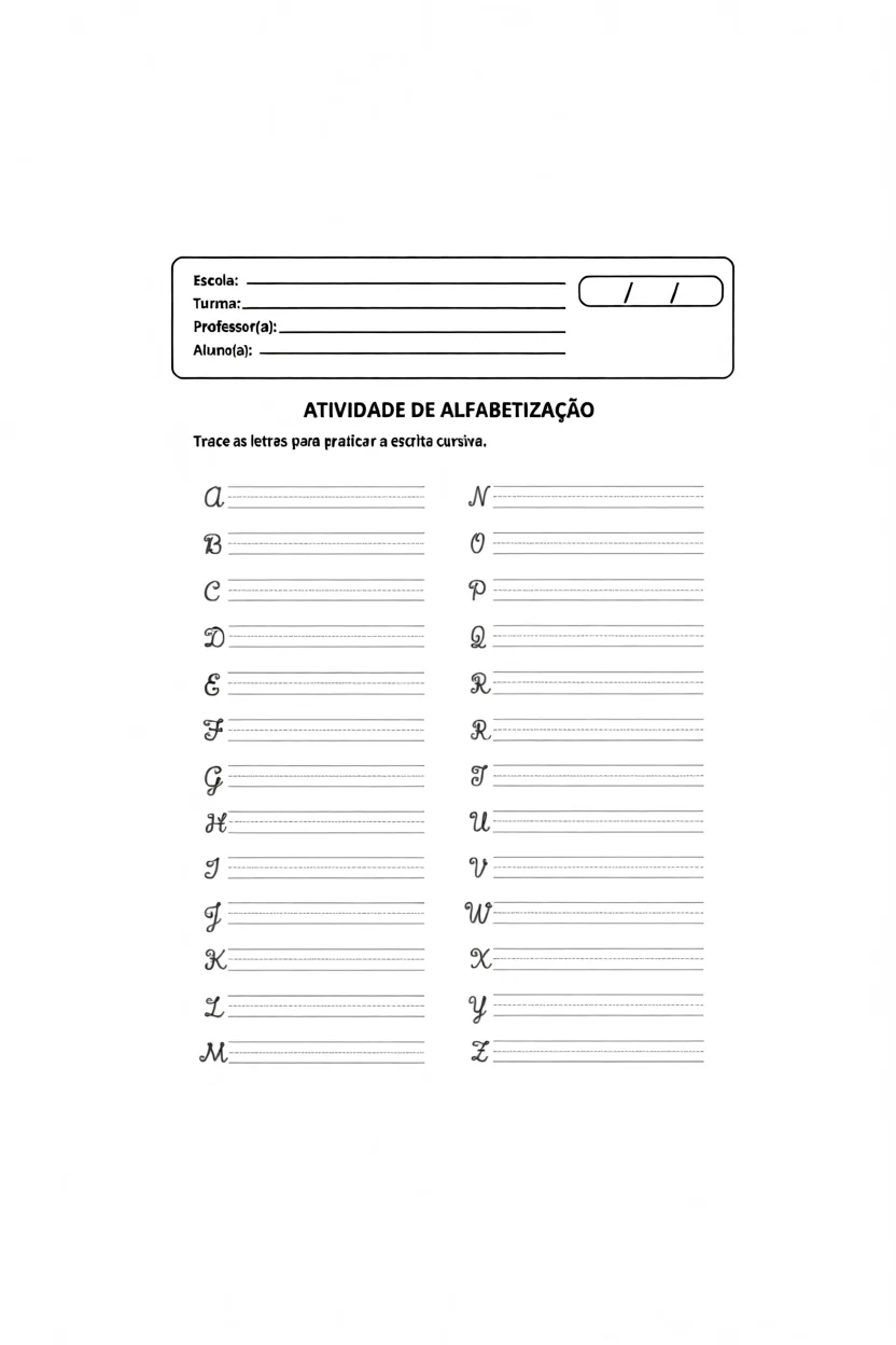 Atividade de Alfabetizau00e7u00e3o: Letras Cursivas para Imprimir