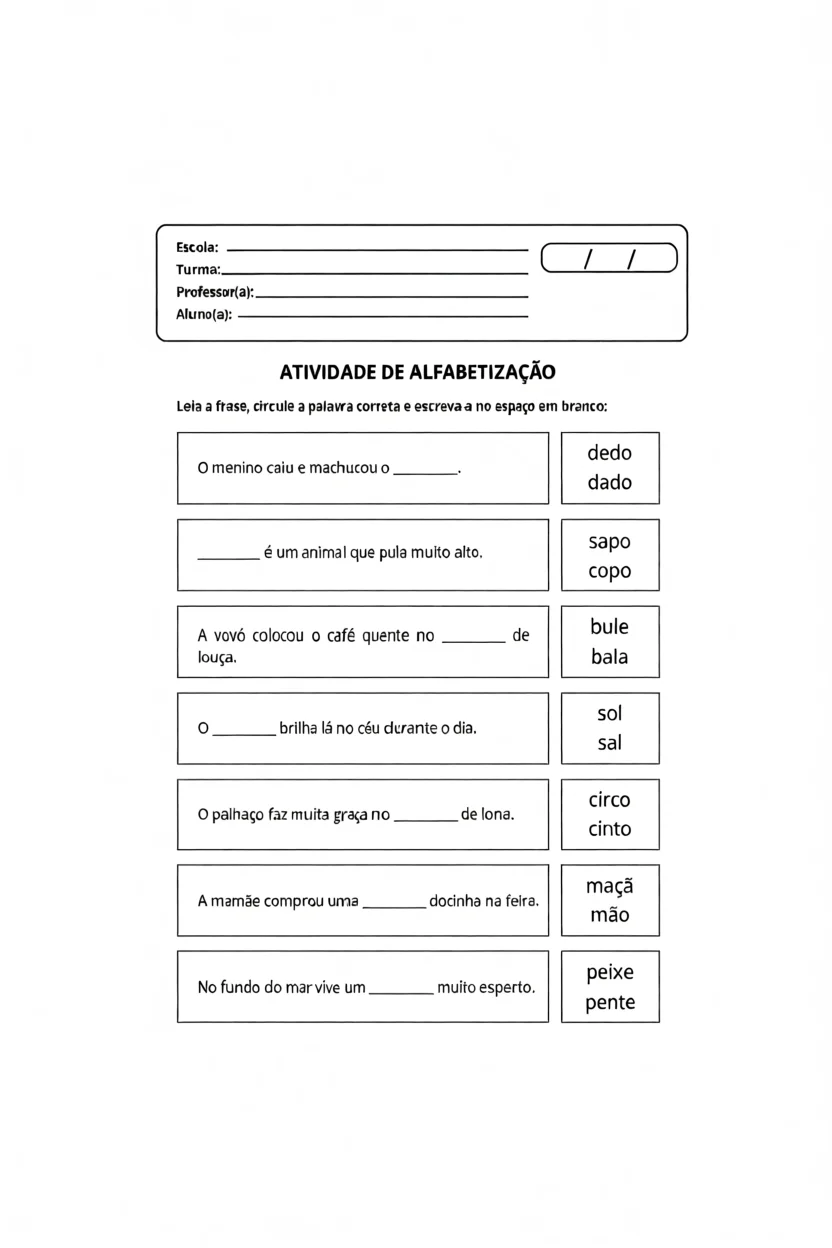 Atividade de Alfabetizau00e7u00e3o para Imprimir com Palavras
