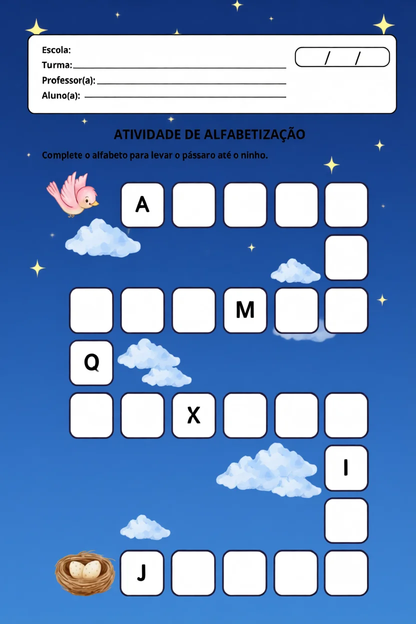 Atividade de Alfabetizau00e7u00e3o com Pu00e1ssaro e Nuvens