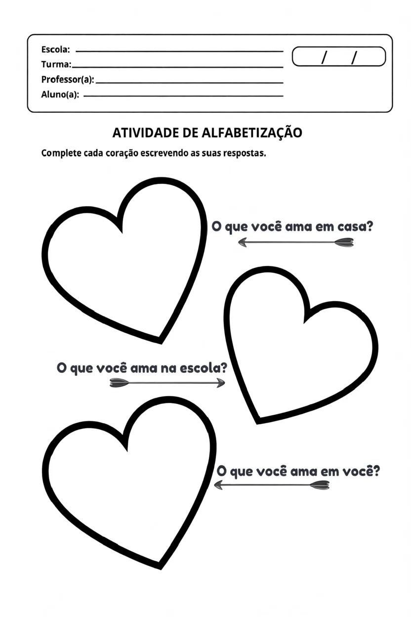 Atividade de Alfabetizau00e7u00e3o com Corau00e7u00f5es Para Imprimir