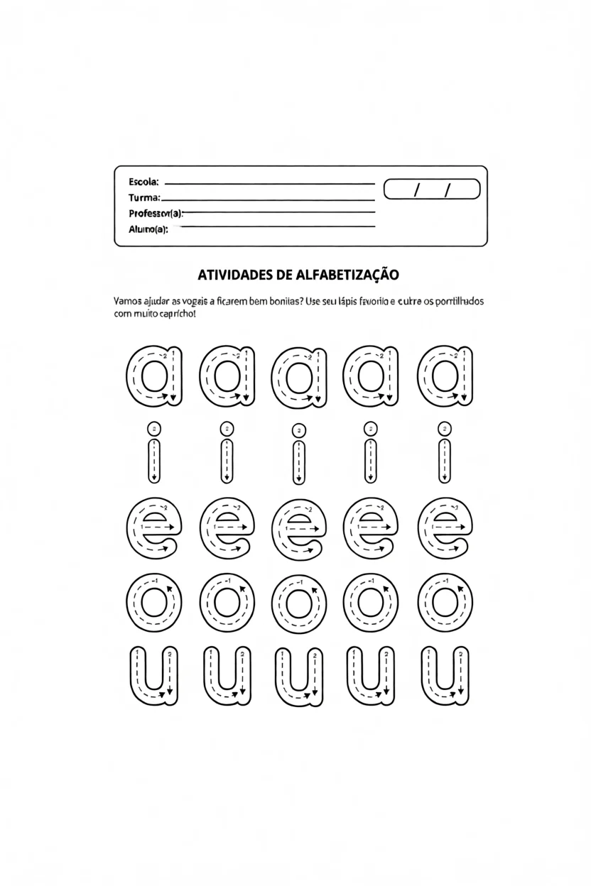 Vogais Pontilhadas para Atividades de Alfabetizau00e7u00e3o