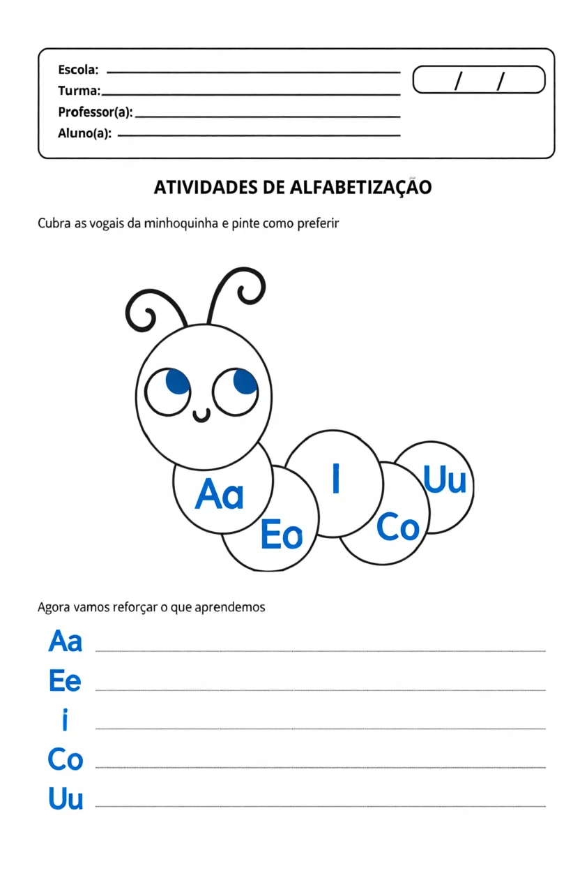 Atividades de Alfabetizau00e7u00e3o: Minhoca com Vogais