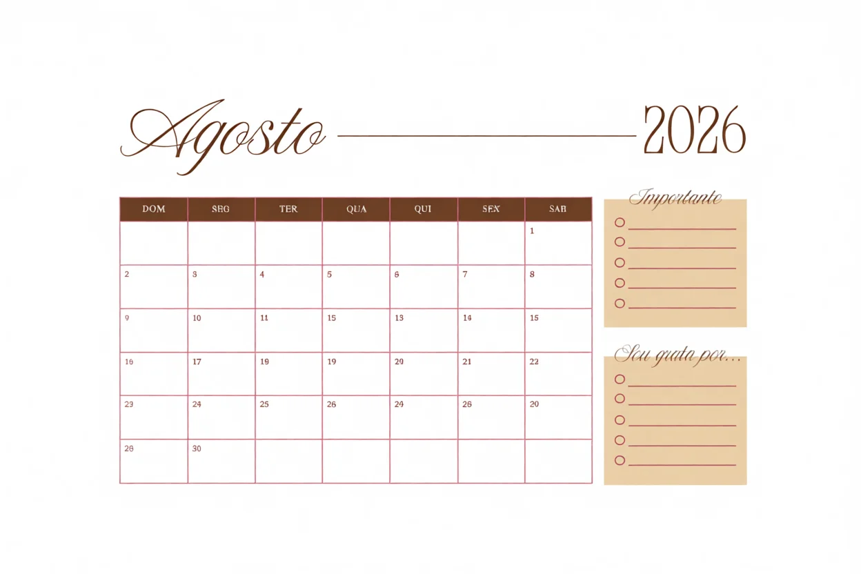 Calendu00e1rio de Agosto 2026 Para Imprimir